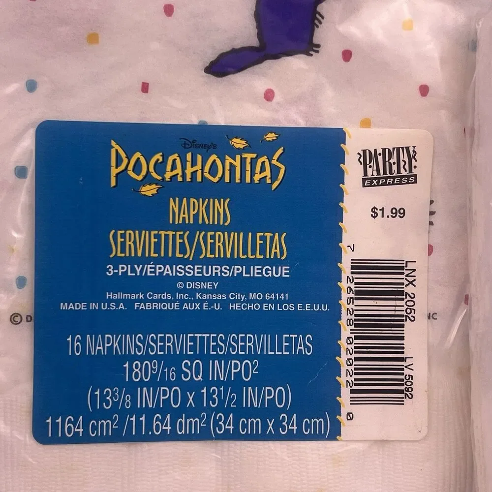 Disney 1995 VTG Pocahontas Birthday Party Supplies Lot of 4 Napkins/Cups